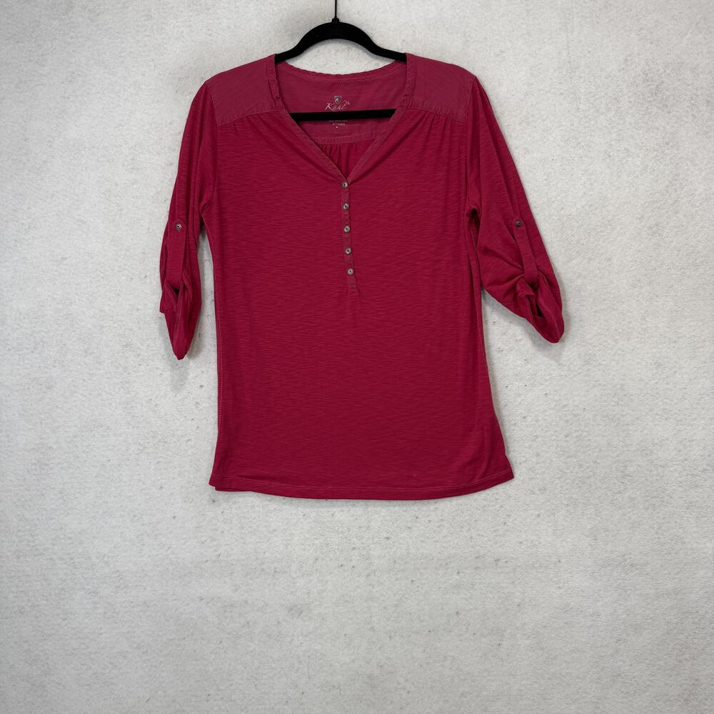Kuhl Shirt Womens Medium Pink Henley 3/4 Roll Tab Sleeve Jersey Top Stretch